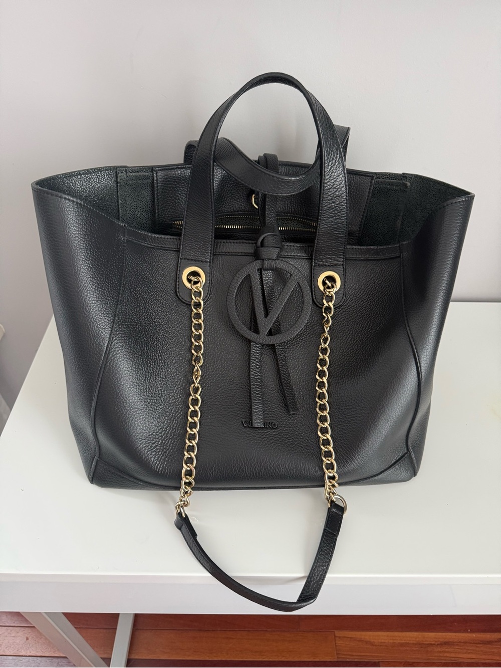 Valentino Garavani Black Leather Tote with Gold Chain Details